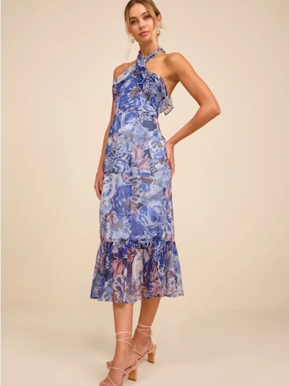 Lulu's Blue Multi Floral Halter Trumpet Midi Dress